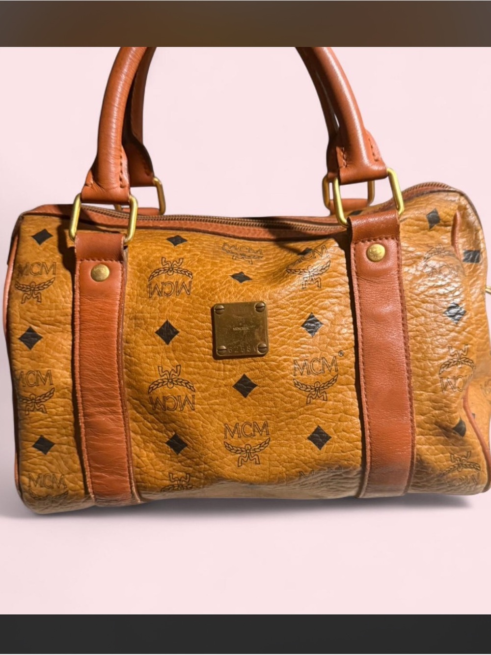 MCM Cognac/Tan Visetos Logo Satchel with Gold Hardware